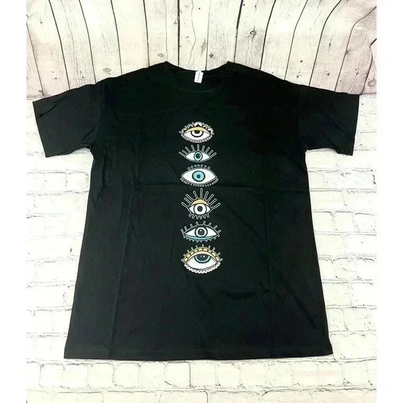 Men's Eye Print Design Black Shirt Short Sleeve Crew Neck Unique Print NEW - Picture 1 of 7